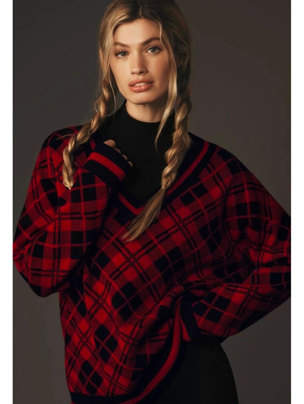 NWT Beach Riot Joey Merry Plaid Red and Black Plaid Sweater. Size S. Ret. $138